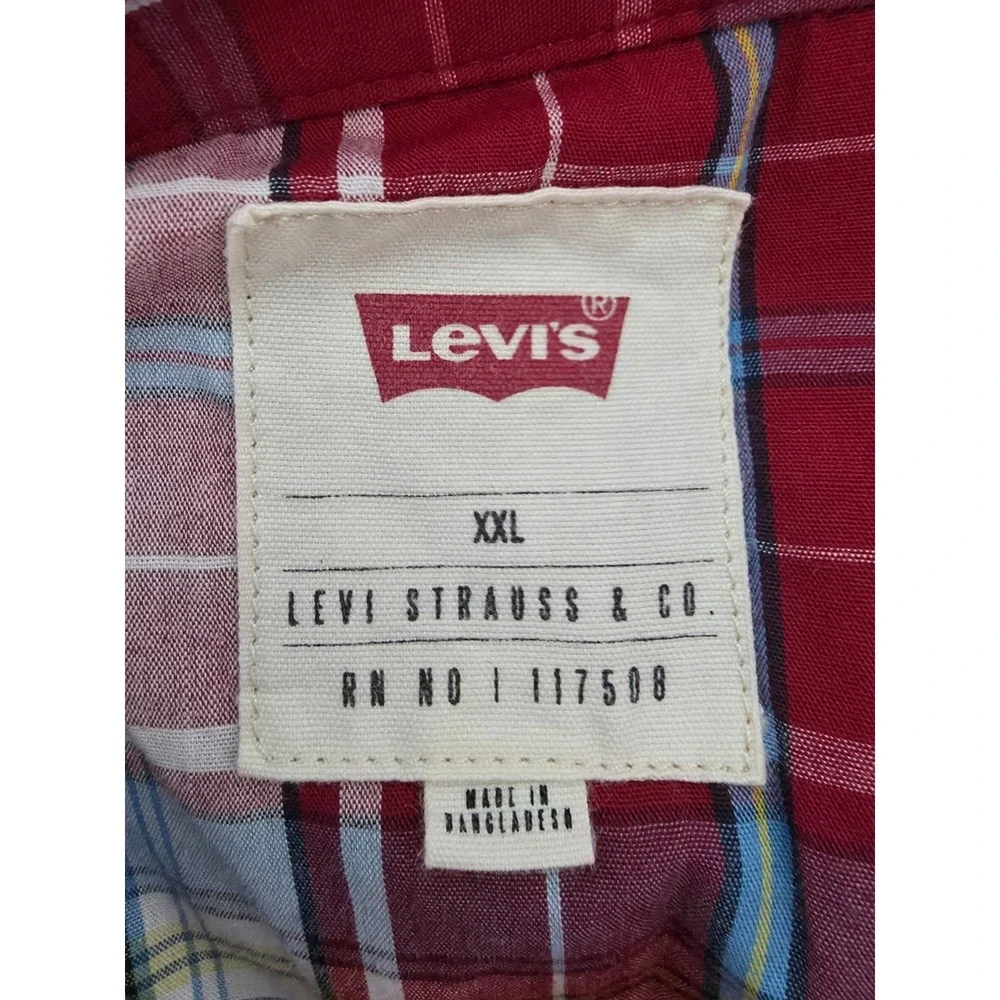 Levis Western Shirt Mens 2XL Red Plaid‎ Pearl Snap Cowboy Rodeo Vaquero